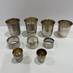 Vintage French Silver Plated:  4 Baby Tumblers, 3 Napkin Rings, 2 Shot Glasses